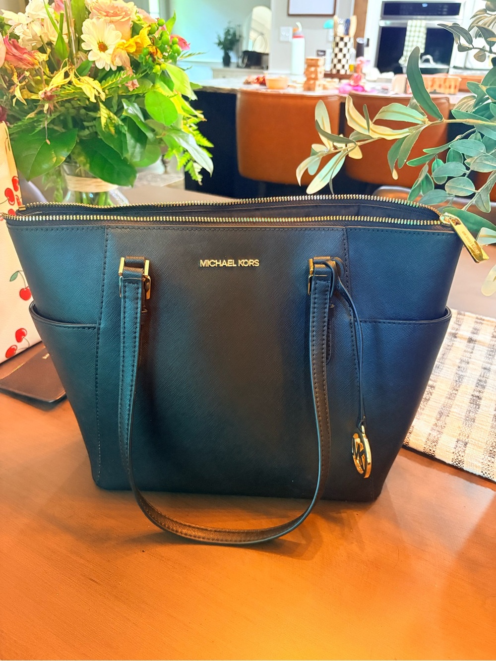 Michael Kors Black Saffiano Leather Tote with Gold Hardware